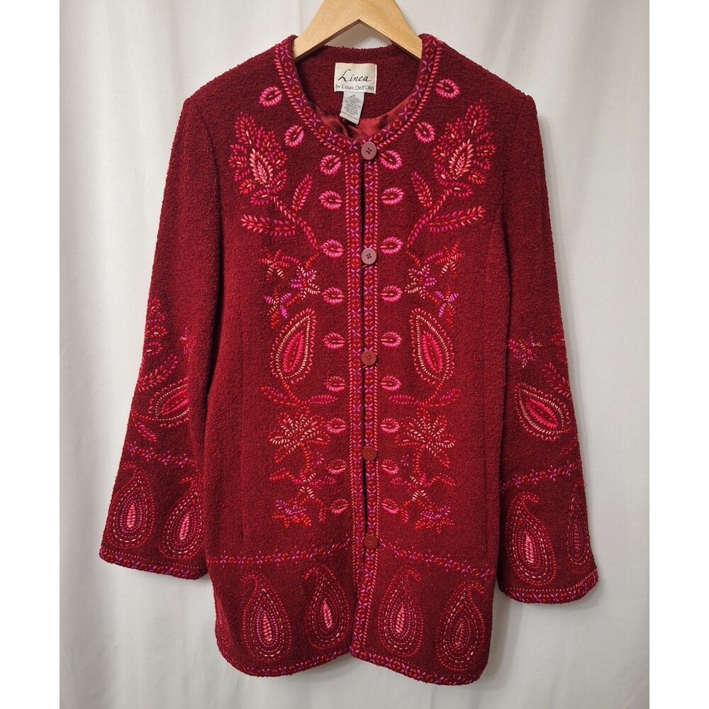 Vtg Linea by Louis Dell' Olio Sz M Boucle Wool Blend Jacket Embroider Peacoat